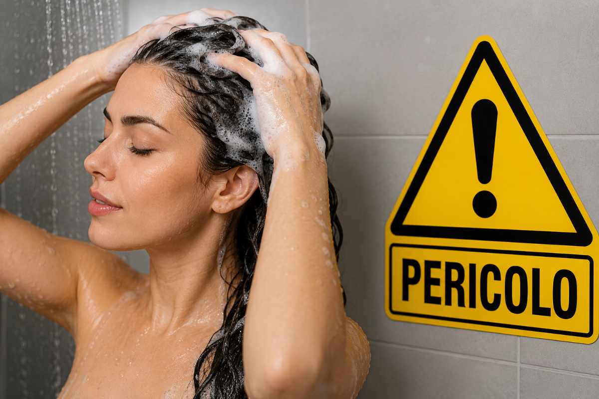 donna fa la doccia e segnale di pericolo